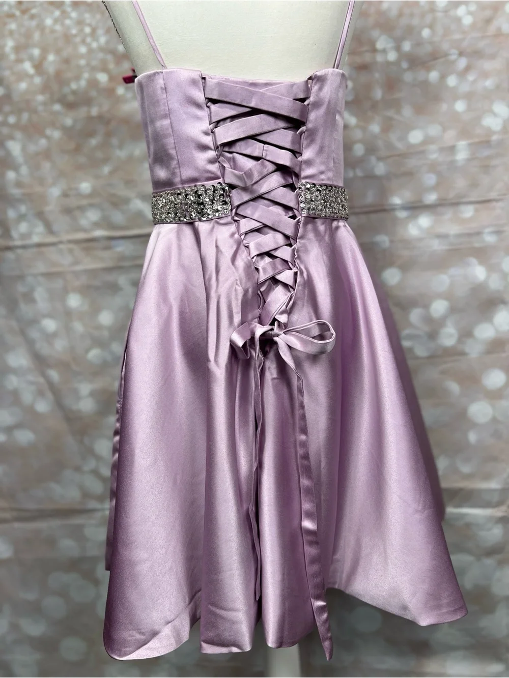 Lilac Satin A-Line Dress with Jeweled Waist - Picture 3 of 6